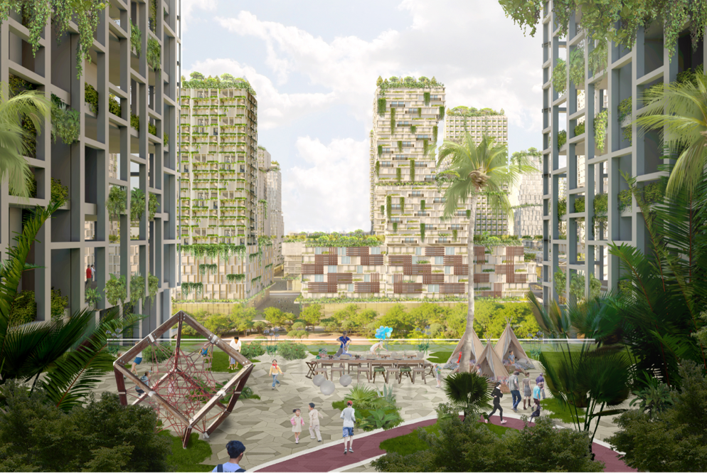 Artist's impression of developments with lush roofscapes offering amenities to support healthy lifestyles.